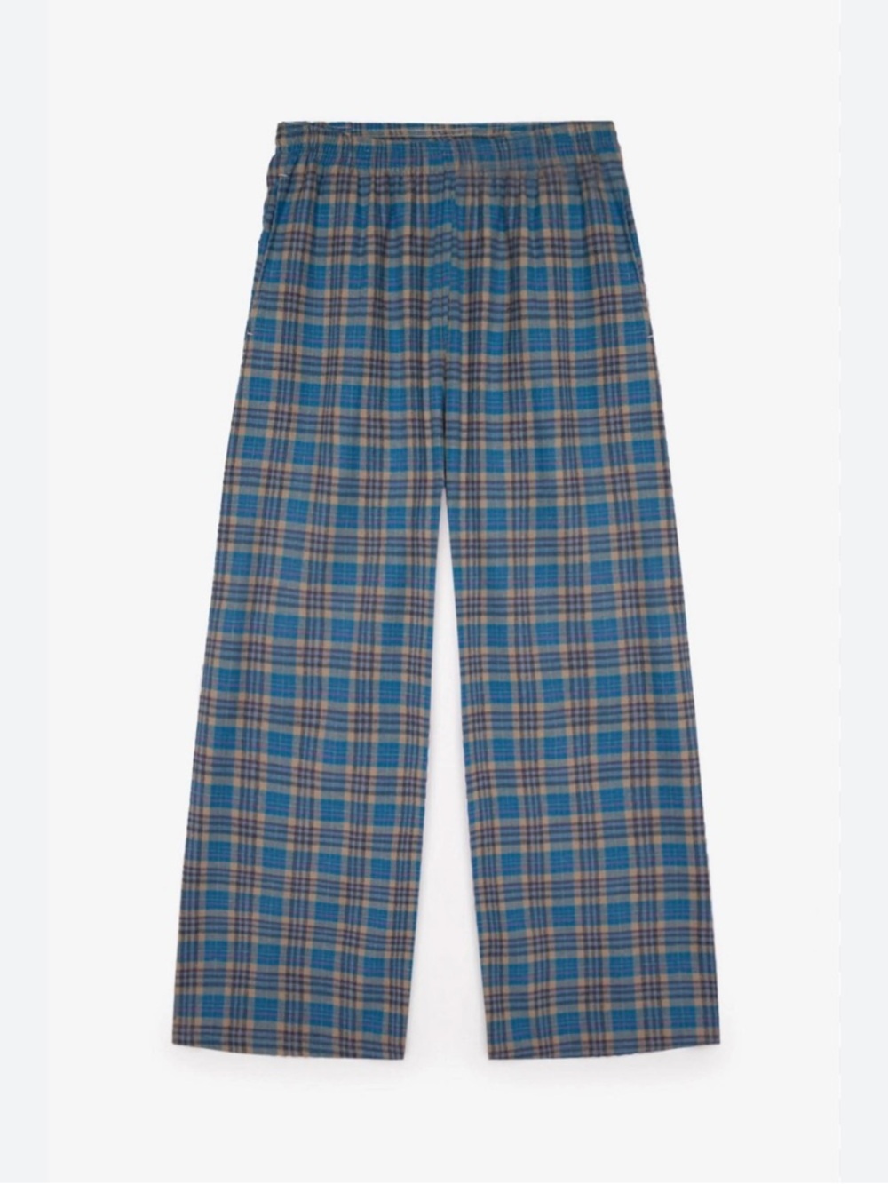 Wide-Leg Plaid Joggers in Blue and Tan